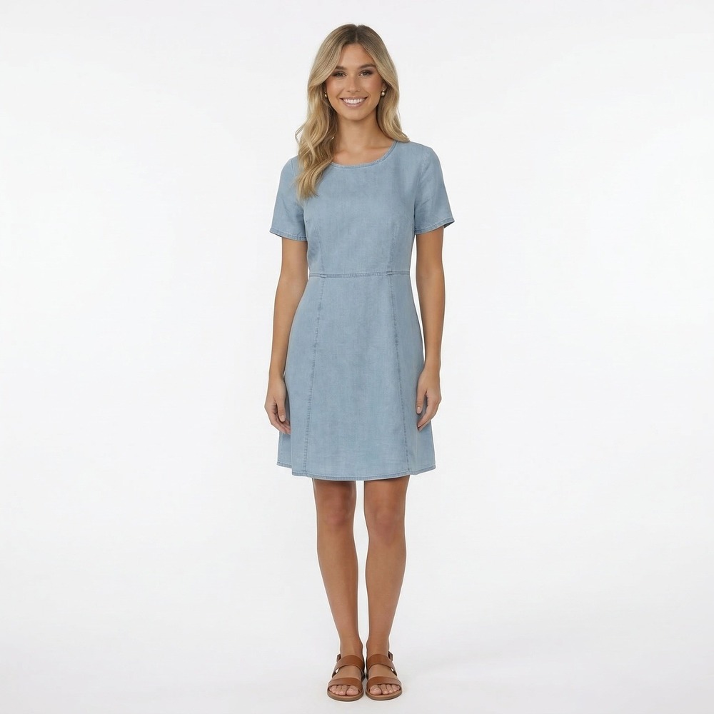 Banana Republic Light Blue Chambray Fit & Flare V-Neck Mini Dress Sz 2 Short Slv